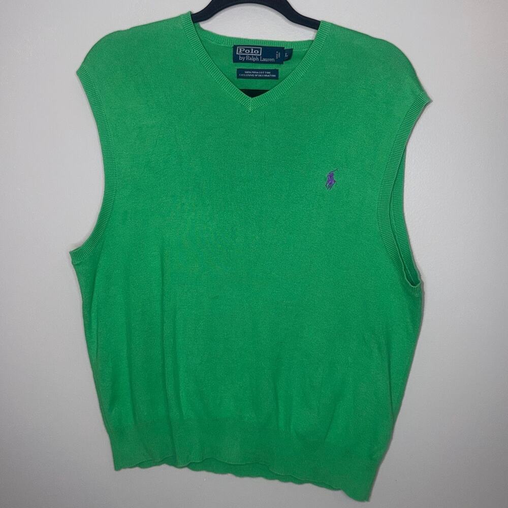 Polo Ralph Lauren Sweater Vest Mens Size Large Green Solid V-Neck Pima Preppy